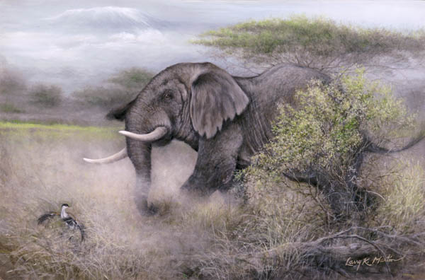 "He Sees Red" African Bull Elephant by American wildlife artist Larry K. Martin