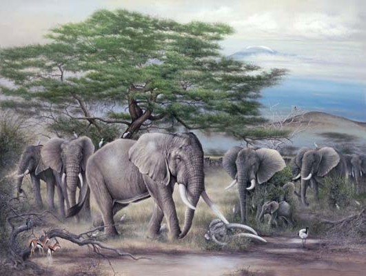 "Remembered" African elephant and Kilimanjaro by American wildlife artist Larry K. Martin