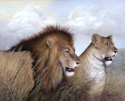 "Savannah Royalty" African Lions by American wildlife artist Larry K. Martin