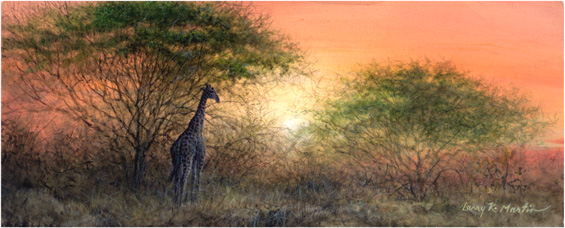 "Sunrise at Samburu" African landscape with giraffe by American wildlife artist Larry K. Martin